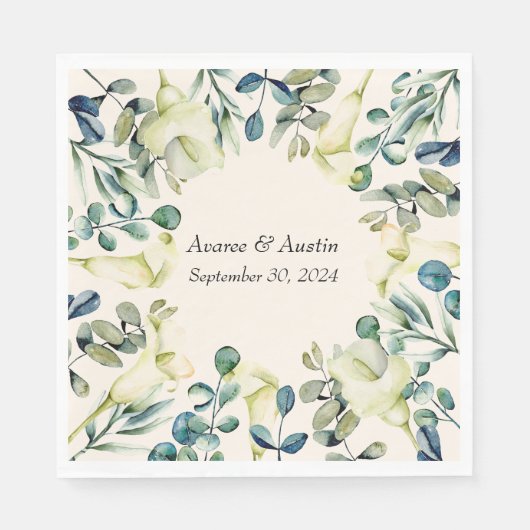 Witte Calla Lily en Eucalyptus Servet (Voorkant)