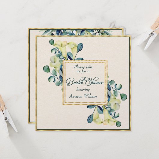 Witte Calla Lily Eucalyptus Ivoor Gouden Douche Kaart (Voorkant / Achterkant in situ)