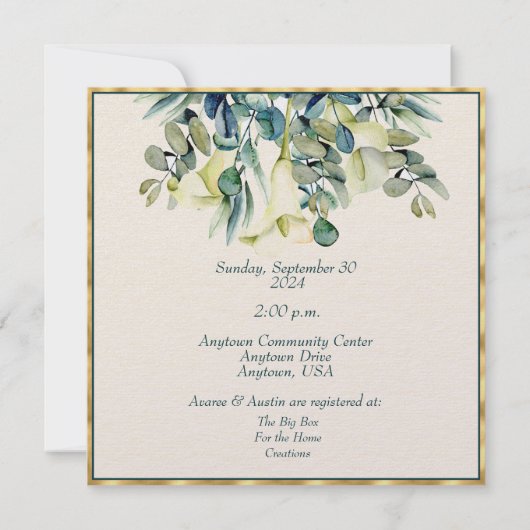 Witte Calla Lily Eucalyptus Ivoor Gouden Douche Kaart (Achterkant)