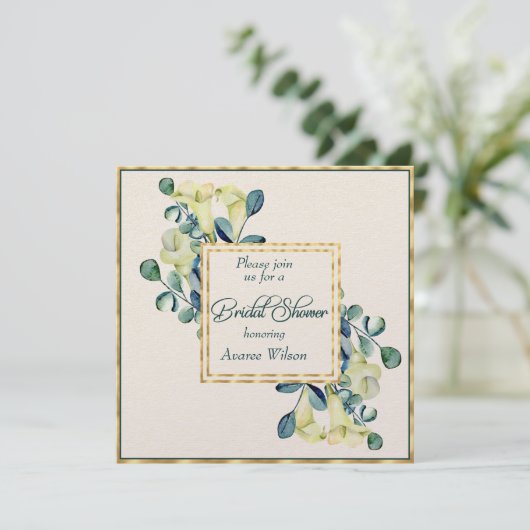 Witte Calla Lily Eucalyptus Ivoor Gouden Douche Kaart (Staand voorkant)