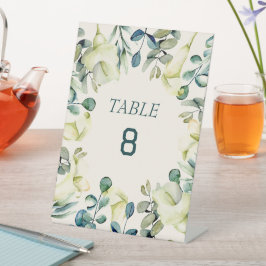 Witte Calla Lily Eucalyptus Tafelnummer Kaart Reclamebord Met Voetstuk