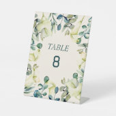 Witte Calla Lily Eucalyptus Tafelnummer Kaart Reclamebord Met Voetstuk (Voorkant)