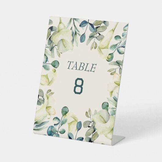 Witte Calla Lily Eucalyptus Tafelnummer Kaart Reclamebord Met Voetstuk (Voorkant)