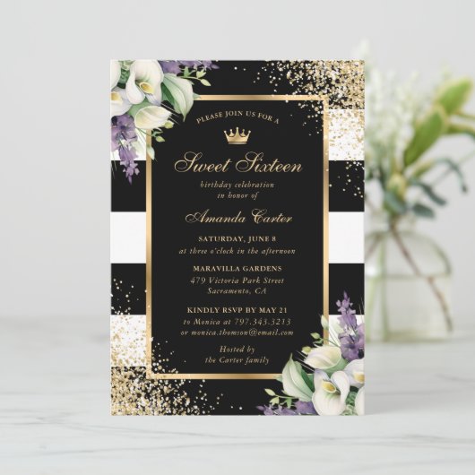 Witte Calla Lily Zwart Goud Zoet 16 Verjaardag Kaart (Staand voorkant)