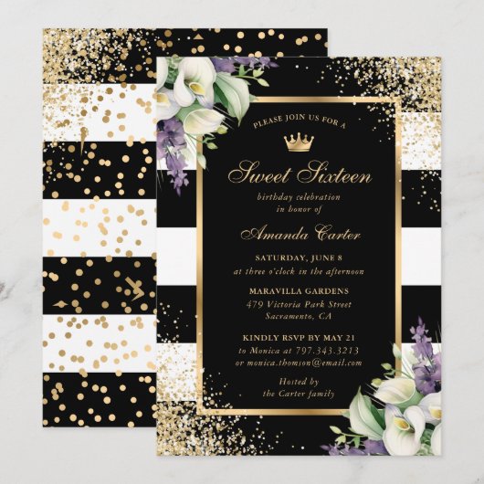 Witte Calla Lily Zwart Goud Zoet 16 Verjaardag Kaart (Voorkant / Achterkant)