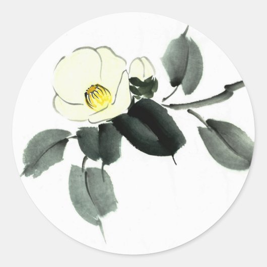 Witte camellia sumi inkt en japanse waterverf ronde sticker (Voorkant)