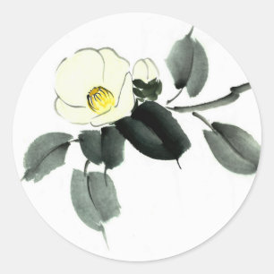Witte camellia sumi inkt en japanse waterverf ronde sticker