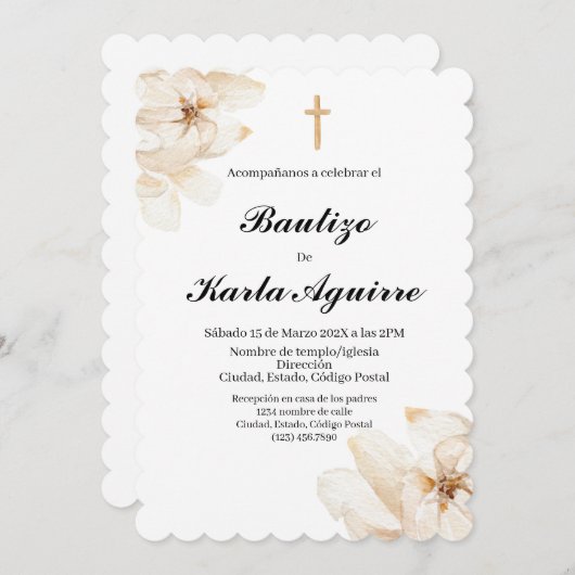 Witte Camilia bloem doop uitnodiging (Voorkant / Achterkant)