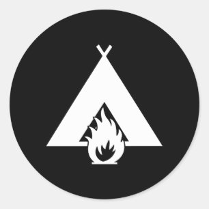Witte Campfire en tentsymbool voor donkere achterg Ronde Sticker