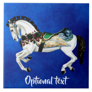 witte carrouselpaarden op diepblauw tegeltje