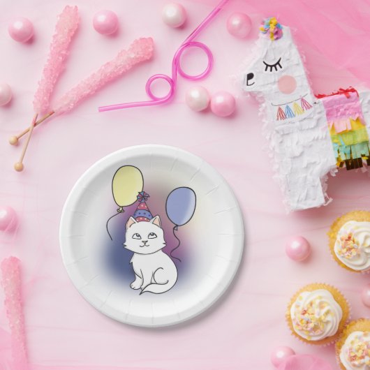 Witte Cartoon Kat met ballonnen Papieren Bordje (Feest)
