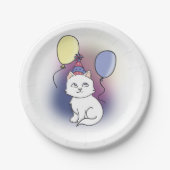 Witte Cartoon Kat met ballonnen Papieren Bordje (Voorkant)