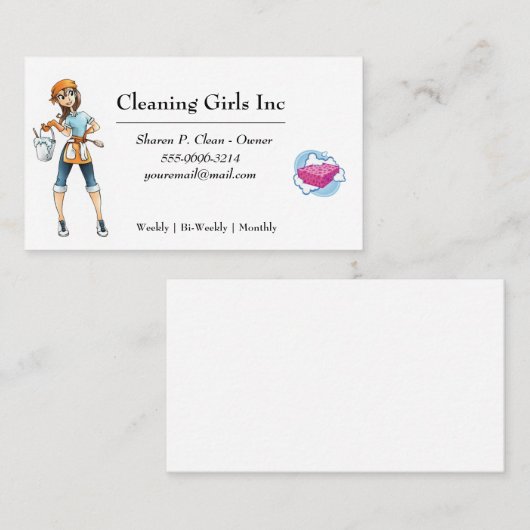 Witte Cartoon Meisje Huis schoonmaakdienst Visitekaartje (Voorkant / Achterkant)