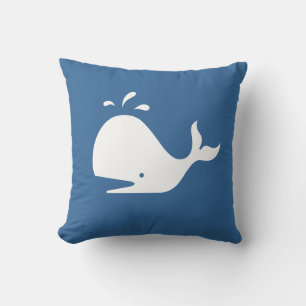 witte CARTOON walvis op middelgrote blauwe kussen