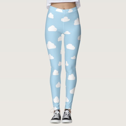 Witte Cartoon wolken op blauw achtergrondpatroon Leggings (Voorkant)