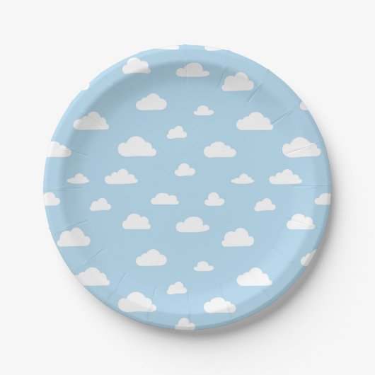 Witte Cartoon wolken op blauw achtergrondpatroon Papieren Bordje (Voorkant)