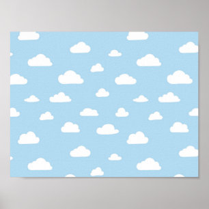 Witte Cartoon wolken op blauw achtergrondpatroon Poster