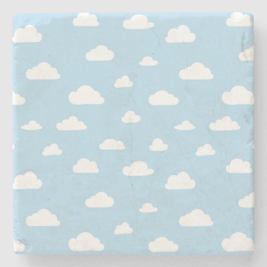Witte Cartoon wolken op blauw achtergrondpatroon Stenen Onderzetter (Voorkant)