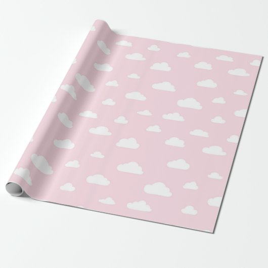 Witte Cartoon wolken op roze achtergrondpatroon Cadeaupapier (Uitgerold)