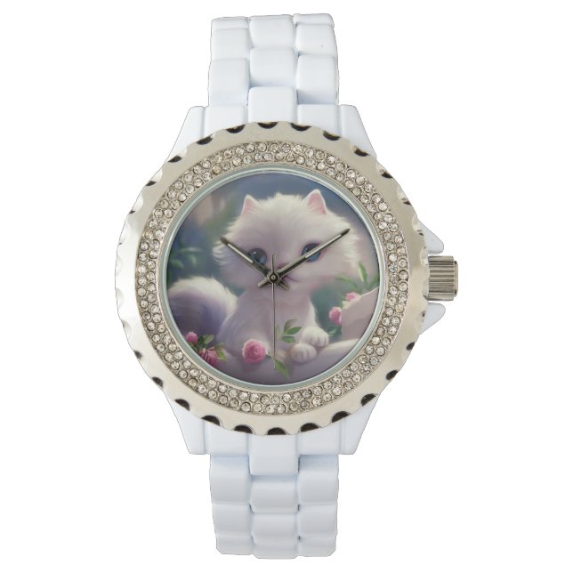 WITTE CAT KITTEN LADIES WRIST WATCH HORLOGE (Voorkant)