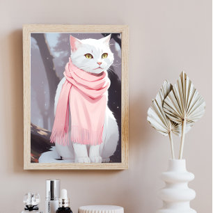 Witte Cat Pink Outfit Herfst Winter Manga Wall Art Poster