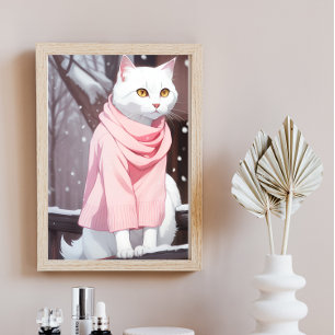 Witte Cat Pink Outfit Herfst Winter Manga Wall Art Poster