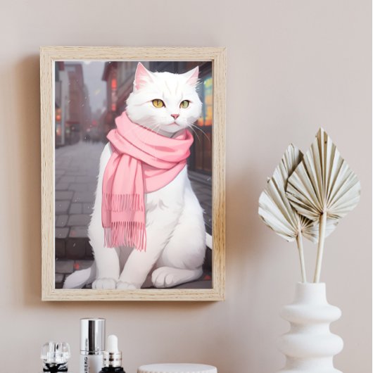 Witte Cat Pink Outfit Herfst Winter Manga Wall Art Poster