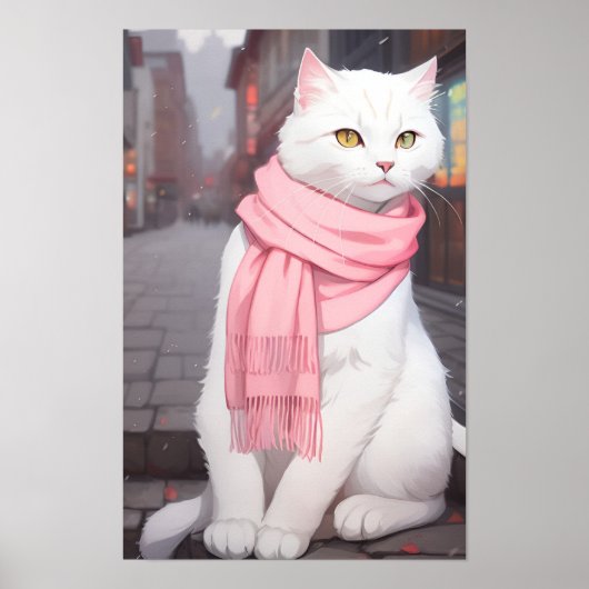 Witte Cat Pink Outfit Herfst Winter Manga Wall Art Poster (Voorkant)
