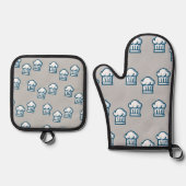 Witte chef-petten op grijs ovenwant & pannenlap set (Voorkant)