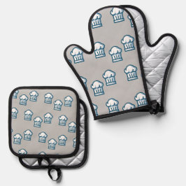 Witte chef-petten op grijs ovenwant & pannenlap set