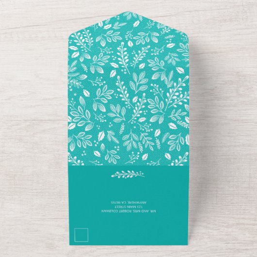 Witte chemicaliën op Turquoise All In One Uitnodiging (Buitenkant)