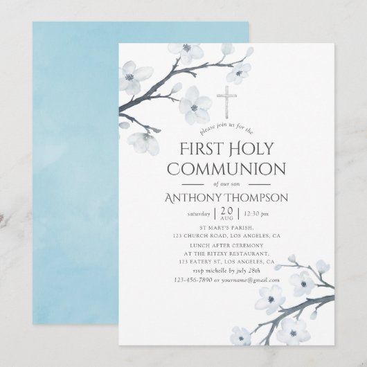Witte Cherry Blossom First Heilige Communie Kaart (Voorkant / Achterkant)