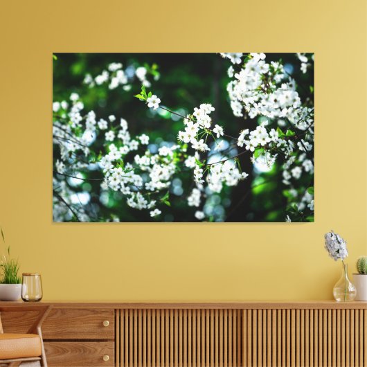 Witte Cherry Blossom Green Leaves Canvas Afdruk (Insitu (Woonkamer))