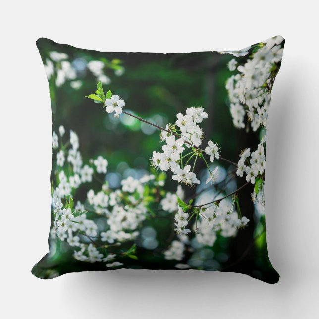 Witte Cherry Blossom Green Leaves Kussen (Voorkant)