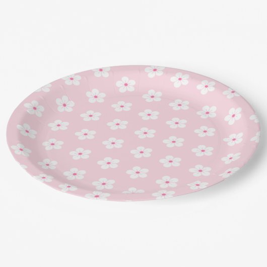 Witte Cherry Blossom op roze Papieren Bordje (Gekanteld)
