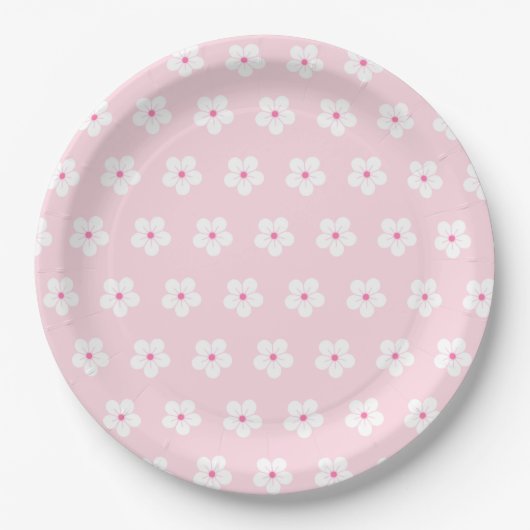 Witte Cherry Blossom op roze Papieren Bordje (Voorkant)