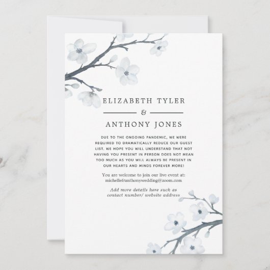 Witte Cherry Blossom Reduced Wedding Guest List Aankondiging (Voorkant)