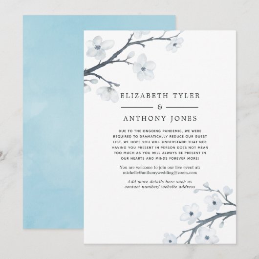 Witte Cherry Blossom Reduced Wedding Guest List Aankondiging (Voorkant / Achterkant)