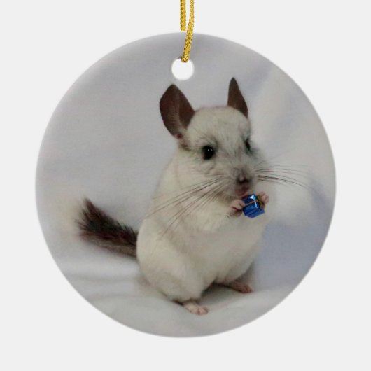 Witte chinchilla met staande cadeau keramisch ornament (Voorkant)