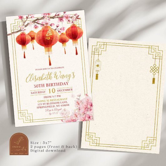 Witte Chinese Lantaarn Bloesem Volwassen Verjaarda Kaart