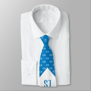 Witte Christelijke vissen Initiaal Sky Blue Stropdas