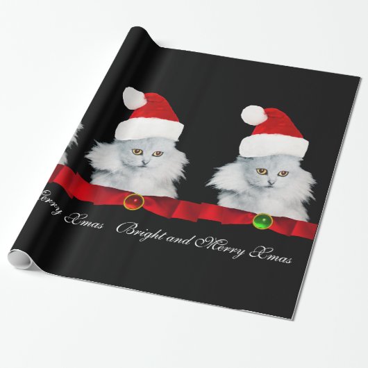 WITTE CHRISTMAS CAT, SANTA CLAUS PET EN RODE RIBBO CADEAUPAPIER (Uitgerold)