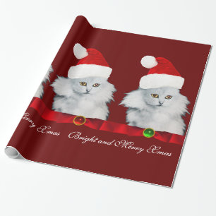 WITTE CHRISTMAS CAT, SANTA CLAUS PET EN RODE RIBBO CADEAUPAPIER