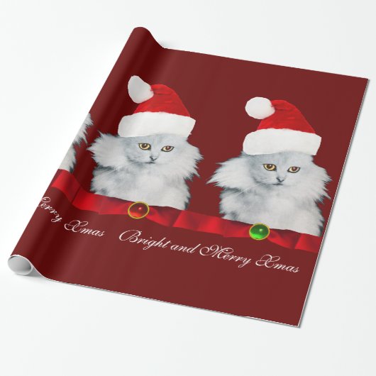 WITTE CHRISTMAS CAT, SANTA CLAUS PET EN RODE RIBBO CADEAUPAPIER (Uitgerold)
