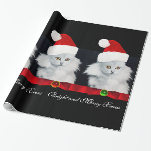 WITTE CHRISTMAS CAT, SANTA CLAUS PET EN RODE RIBBO CADEAUPAPIER