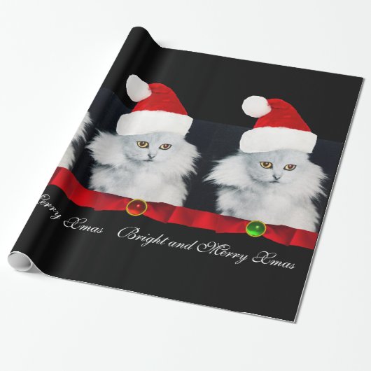 WITTE CHRISTMAS CAT, SANTA CLAUS PET EN RODE RIBBO CADEAUPAPIER (Uitgerold)