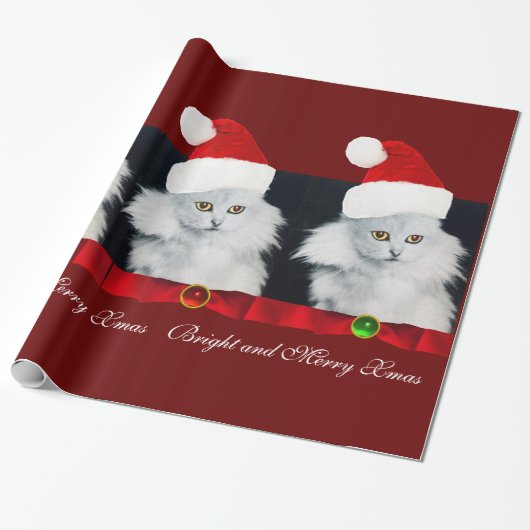 WITTE CHRISTMAS CAT, SANTA CLAUS PET EN RODE RIBBO CADEAUPAPIER (Uitgerold)