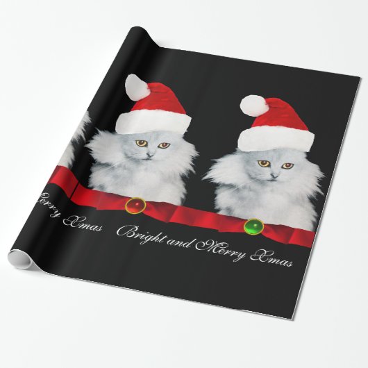 WITTE CHRISTMAS CAT, SANTA CLAUS PET EN RODE RIBBO CADEAUPAPIER (Uitgerold)