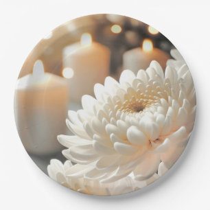 Witte Chrysanthemum Bloem en Kaarsen Papieren Bordje