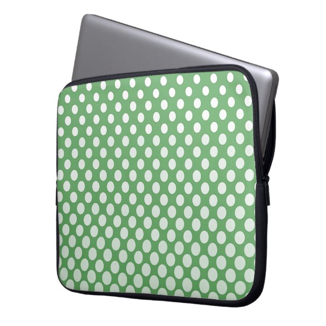 Witte cirkels in cascade op limoengroen laptop sleeve (Voorkant Links)